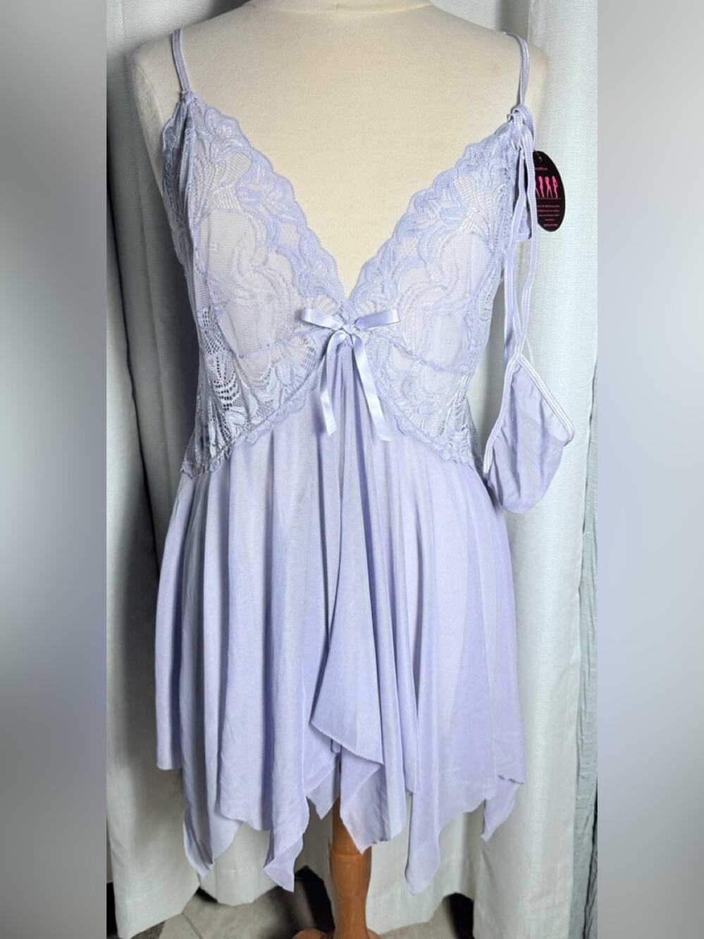 Lace-Trim Light Lavender Night Chemise with Bow Accent